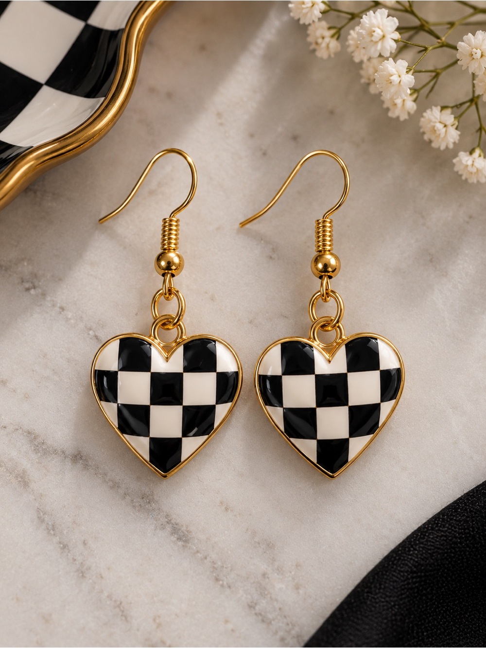 Black and White Enameled Checkerboard Heart Earrings on Gold Hooks Handmade
